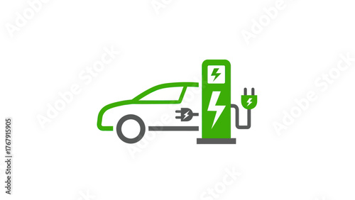 A green and gray graphic depicting an electric vehicle and charging station