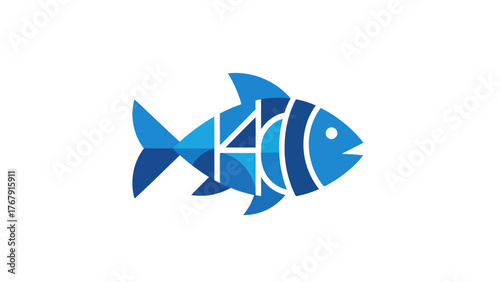A stylized blue fish with geometric shapes and a smiling mouth against a white backdrop