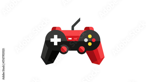 A flat-design video game controller in red and black with buttons, a joystick, and a white background