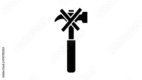 A black and white graphic showing a hammer crossed out. It represents something not allowed