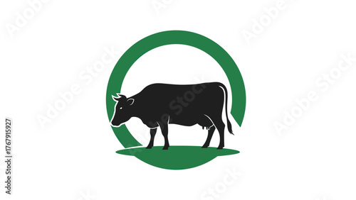 A black cow silhouette stands inside a green circle, above a stylized green field