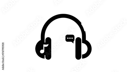 A stark, minimalist illustration of headphones combined with music note and a speech bubble with three dots