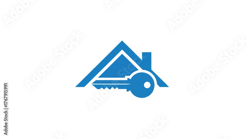 A blue stylized home symbol featuring a roof and chimney with a key centered below