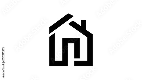 A geometric house logo, formed from thick black lines on white background with minimalist details
