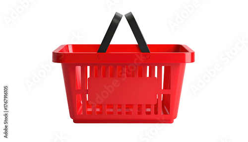 Red plastic shopping basket with black handles, isolated against a stark black background, digitally rendered
