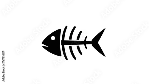 A simple, minimalist illustration of a fish skeleton, rendered in solid black against a white backdrop