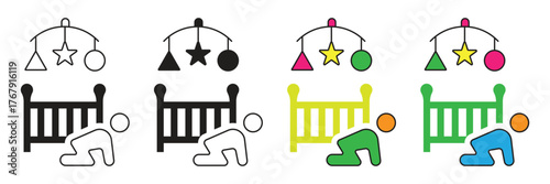 Baby crawling icon near a rectangular crib, signifying infant mobility, child development, nursery play area, and safe environment for growing children.