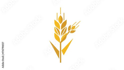 A golden stylized wheat illustration. Features the plant's head, stalk and leaves against a white background
