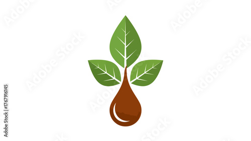 A stylized illustration depicting three green leaves sprouting from a brown drop