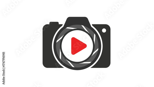 A camera icon, with a red play button, symbolizing video recording. Vector graphic