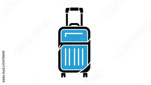 A vibrant blue and black illustrated suitcase featuring wheels and an extendable handle on a white background