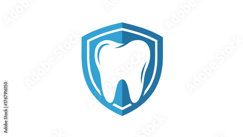 A stylized tooth icon is centered within a blue shield with a white background