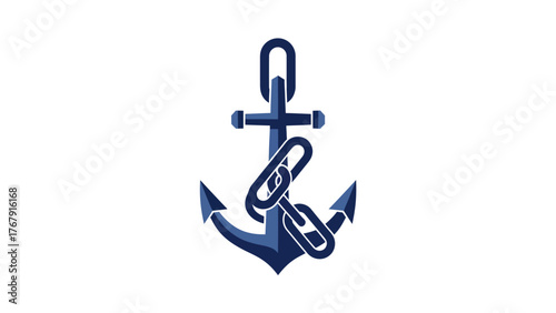 A simple illustration of a nautical anchor entwined with a chain, in shades of blue