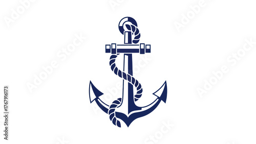 A dark blue nautical anchor with a rope, centered on a white background
