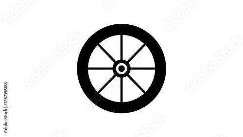 A black and white graphic depicting a wheel with spokes, against a plain white background