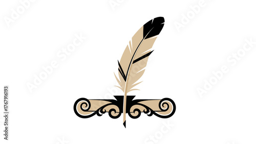 A stylized illustration features a feather in an inkwell with decorative scrollwork base