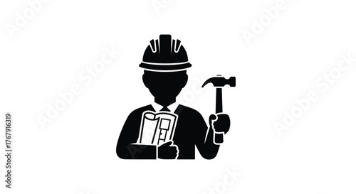 Construction worker silhouette holding a hammer and blueprints icon