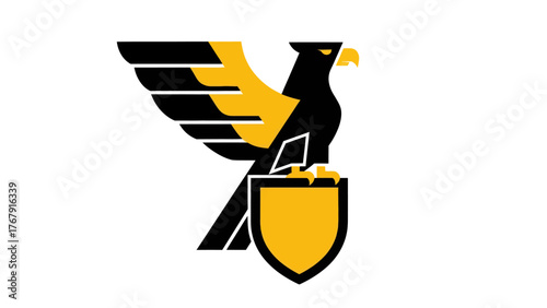 A stylized black and gold bird emblem. It holds a shield. The background is white