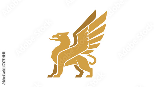 A golden stylized illustration of a mythical creature. It features an eagle's head and wings on a lion's body