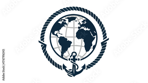 A nautical-themed emblem featuring a globe within a rope circle, and an anchor at the bottom