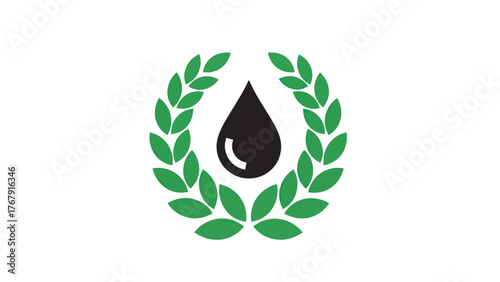 A black teardrop shape centered within a green laurel wreath on a white background