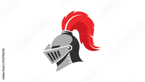 A helmet design featuring a red plume on top. Gray metal with black accents
