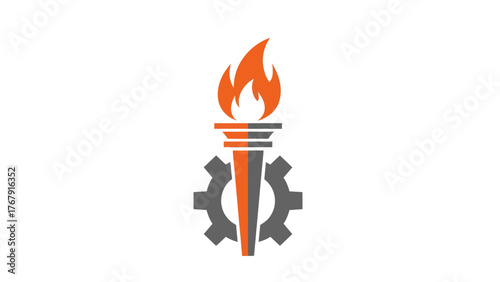 A stylized torch with flames, a gear, and a split color design