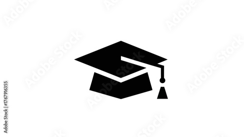 A black and white graphic of a graduation cap with a tassel against a clean white background