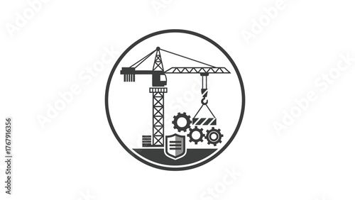 Black and white illustration of a construction crane within a circle, featuring gears and a shield