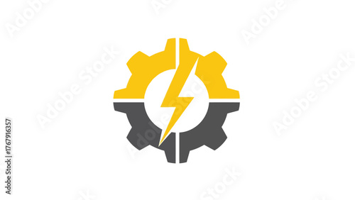 A logo of a yellow lightning bolt inside of a gear split between yellow and grey
