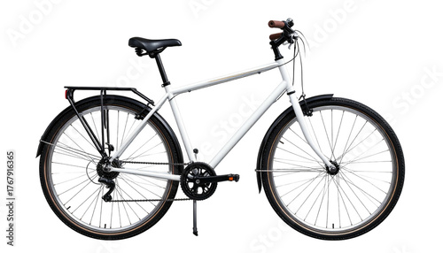Crisp white bicycle with brown handlebar grips, set against a solid black backdrop, offering a clean, simple aesthetic