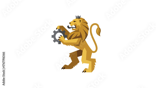 A regal lion icon, wearing a crown, holding a gear in its claws, with a mane and tail