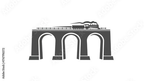 A grayscale train chugging along a track over a bridge with three arches, a classic engineering icon