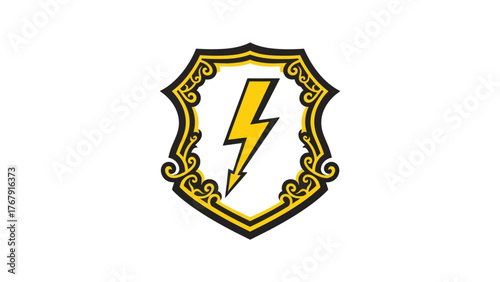 A heraldic emblem featuring a yellow lightning bolt inside a shield with ornate gold trim
