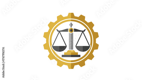 A scale of justice icon inside a gear, using grayscale, gold, and grey colors