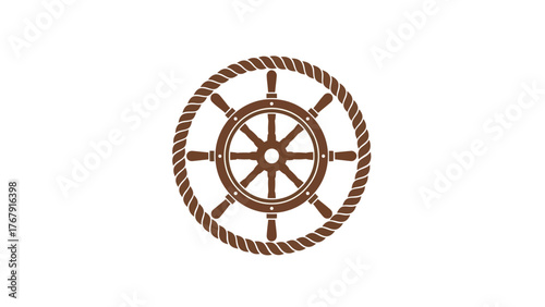 A brown nautical illustration featuring a ship's wheel surrounded by a rope circle on a white background