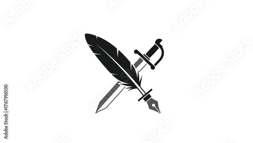 A crossed sword and a quill pen with a large feather, symbolic of writing and conflict