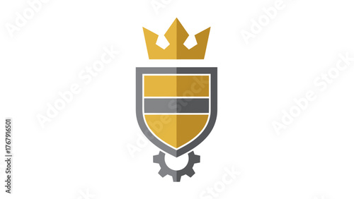 A crown rests above a shield design, with a gear below. Uses gold and gray