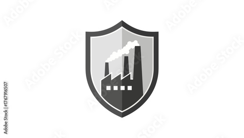 A factory with smoke stacks is shown inside a shield shape. The shield has a gray and black gradient