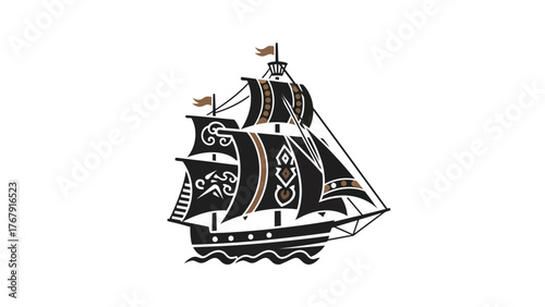 Black and brown sailing vessel image with decorative sails and flags on a white backdrop