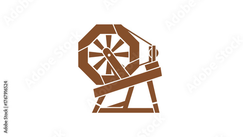 A brown wheel with a crank, standing on a wooden stand against a stark white backdrop