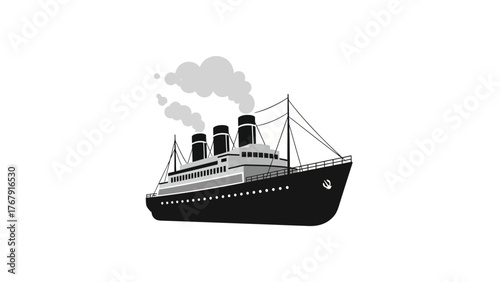 Black and white illustration of a classic passenger steamship, with smoke, on a white background