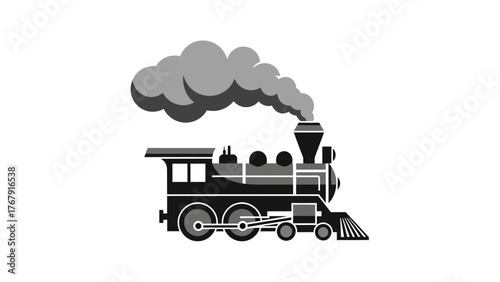 Black and gray cartoon locomotive with steam billowing, side view, on white background