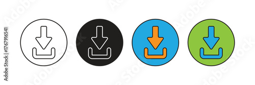 Simple download button icon in a circle, representing data retrieval, file access, acquisition, content saving, and digital media access for applications.