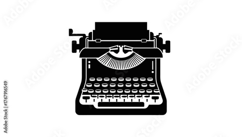 Black and white illustration of an old typewriter against a white background, front view