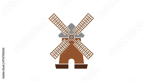 A windmill illustration composed of brown and gray shapes, set against a white background
