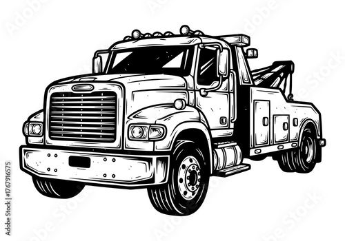 Detailed black and white illustration of a tow truck with a hook and winch.