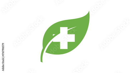A green leaf containing a white cross, a symbol often associated with medical care and nature