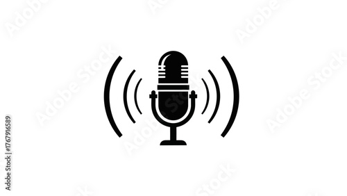 A simple, minimalist black and white icon depicting a classic microphone with sound waves