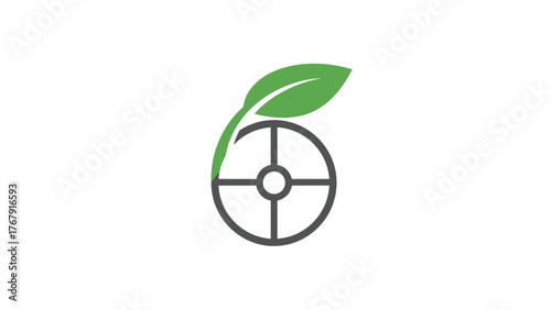 A green leaf arches over a gray target symbol with a white background